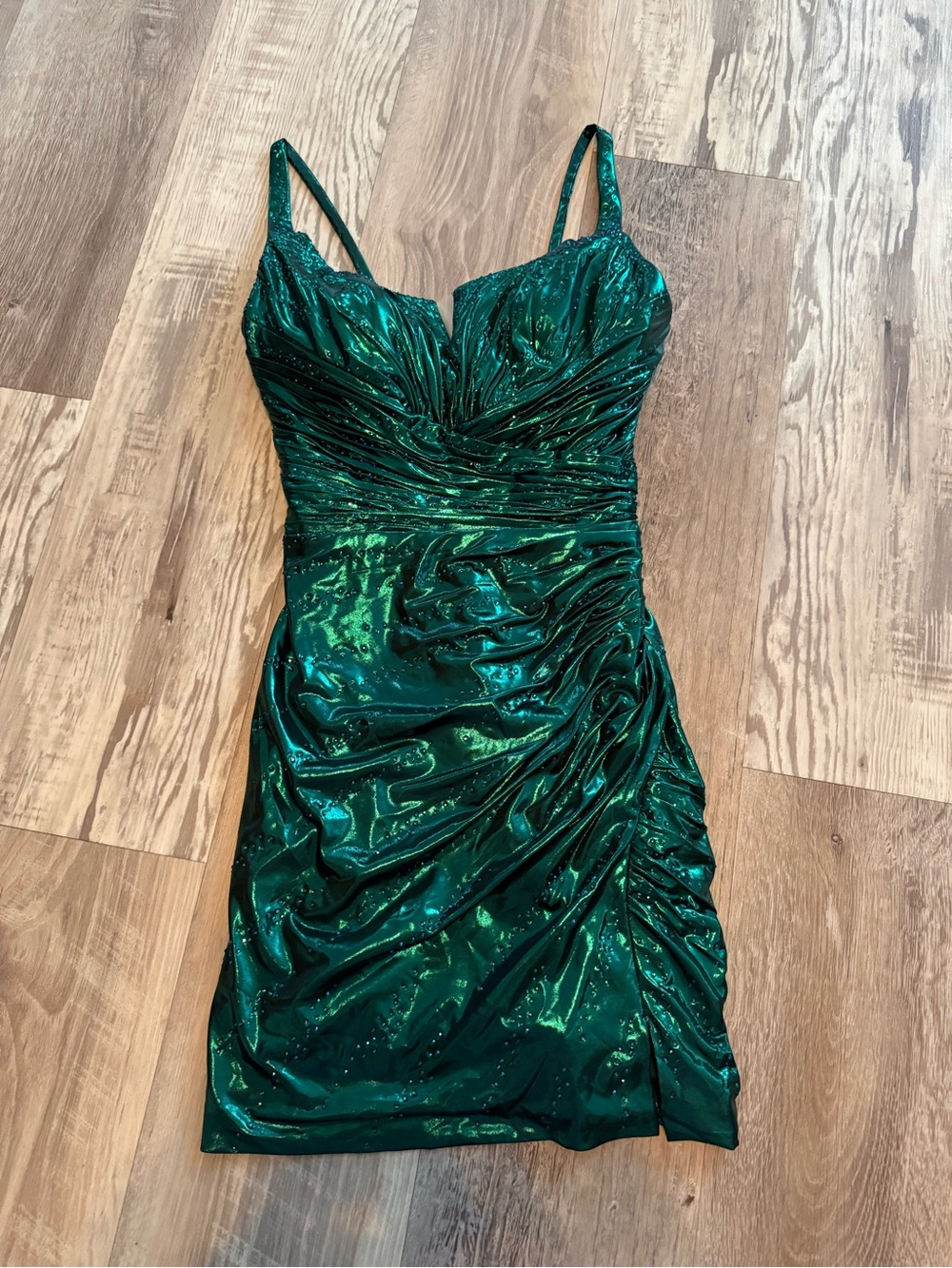 Emerald Green Ruched Mini Dress with Spaghetti Straps